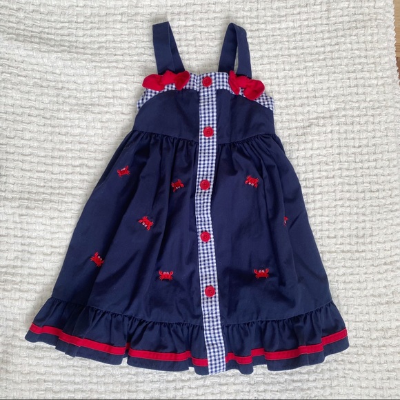 Good lad embroidered crab gingham bow dress navy blue red white nautical sz 4 - Picture 1 of 4